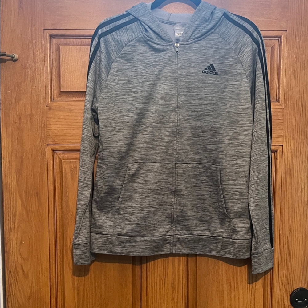 adidas Gray Full-Zip Hoodie with Black Stripes